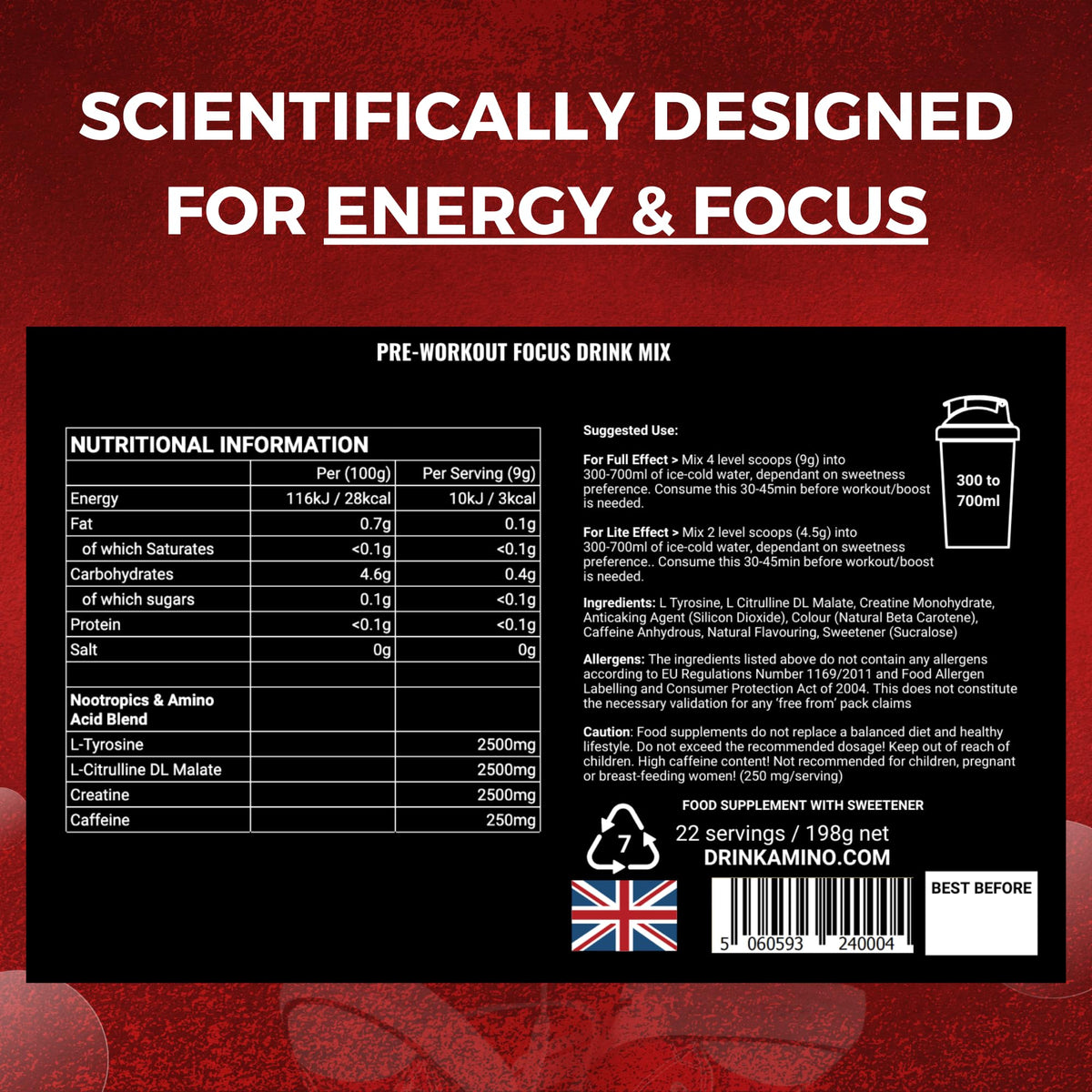 Amino Focus - Pre Workout Powder - 8000mg Nootropics with Caffeine, Creatine & Amino Acids - Preworkout Drink Men & Women - Sugar Free & Suitable for Vegans (Orange, 44 Servings)