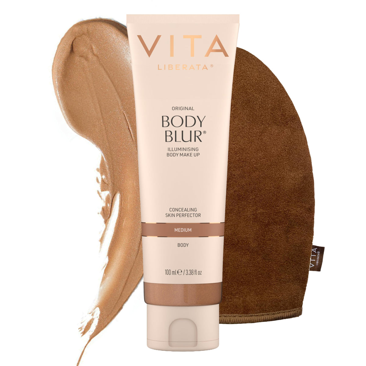 VITA LIBERATA Body Blur Medium 100ml & Mitt Bundle, Leg & Body Makeup, Wash Off Instant Tan, Streak Free Application Blending Mitt, Water resistant, Disguise Imperfections, Flawless Finish