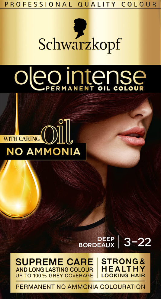 Schwarzkopf Oleo Intense, Permanent Red Hair Dye, Ammonia Free, Up to 100 Percent Grey Coverage, Deep Bordeaux 3 -22