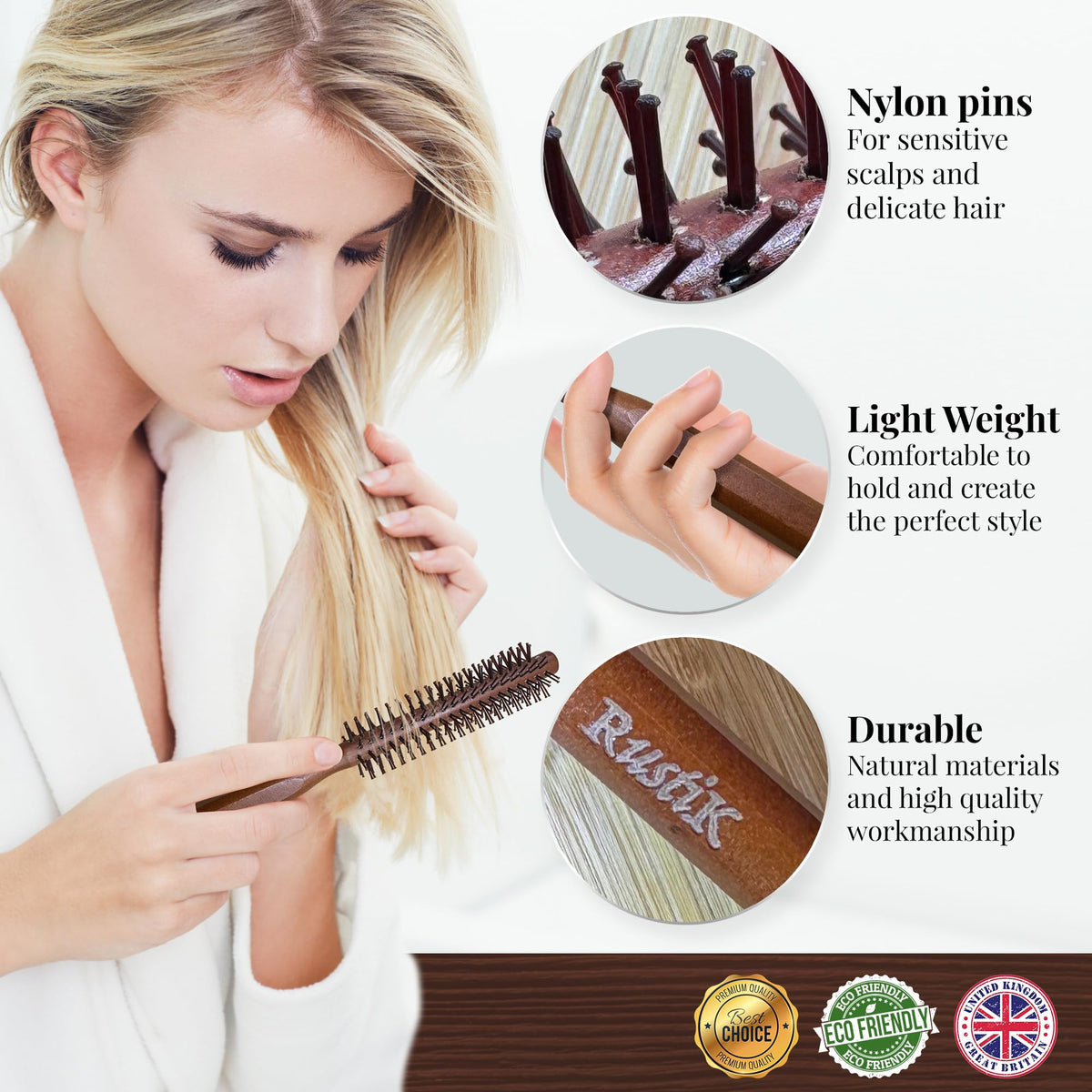 RustiK Small Round Hair Brush – Wooden Barrel Brush for Blow Dry Styling, Quiff, Volume & Beard Grooming, Round Brush for Short Hair, Fringe & Bangs