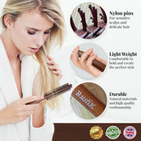 RustiK Small Round Hair Brush – Wooden Barrel Brush for Blow Dry Styling, Quiff, Volume & Beard Grooming, Round Brush for Short Hair, Fringe & Bangs