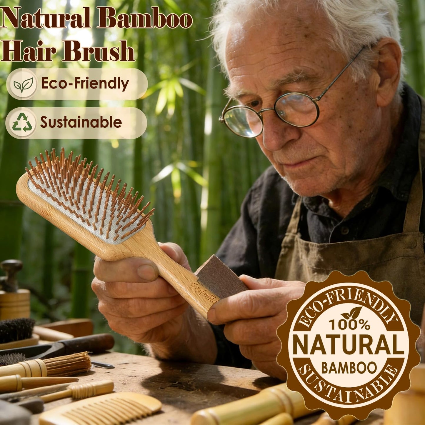 Sofmild Hair Brush, Eco-Friendly Natural Wooden Bamboo Paddle Hairbrush for Long Short Curly Thick Thin Hair for Men Women Kids, Massaging Scalp, Reducing Tangle & Hair Breakage, Promoting Hair Growth