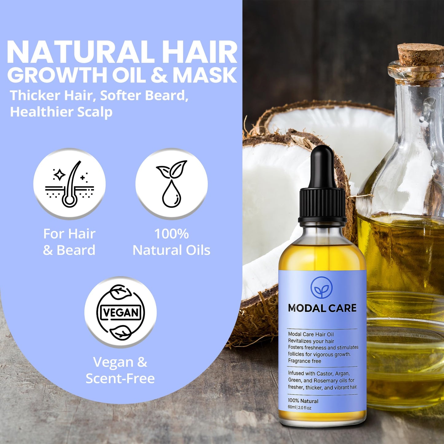Modal Care Caffeine Hair Growth Oil for Afro & 4C Hair | Natural Follicle Stimulant with Rosemary & Green Coffee | Vegan High-Density Restoration for Thinning Hair & Receding Hairline (60ml)