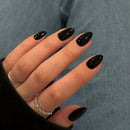 KQueenest Acrylic Press on Nails Short Oval, Black False Nails Short Almond, Glossy Solid Color Round Fake Nails Set, Reusable Natural Gel Stick on Nail for Women Finger Daily Wear 24 Pcs