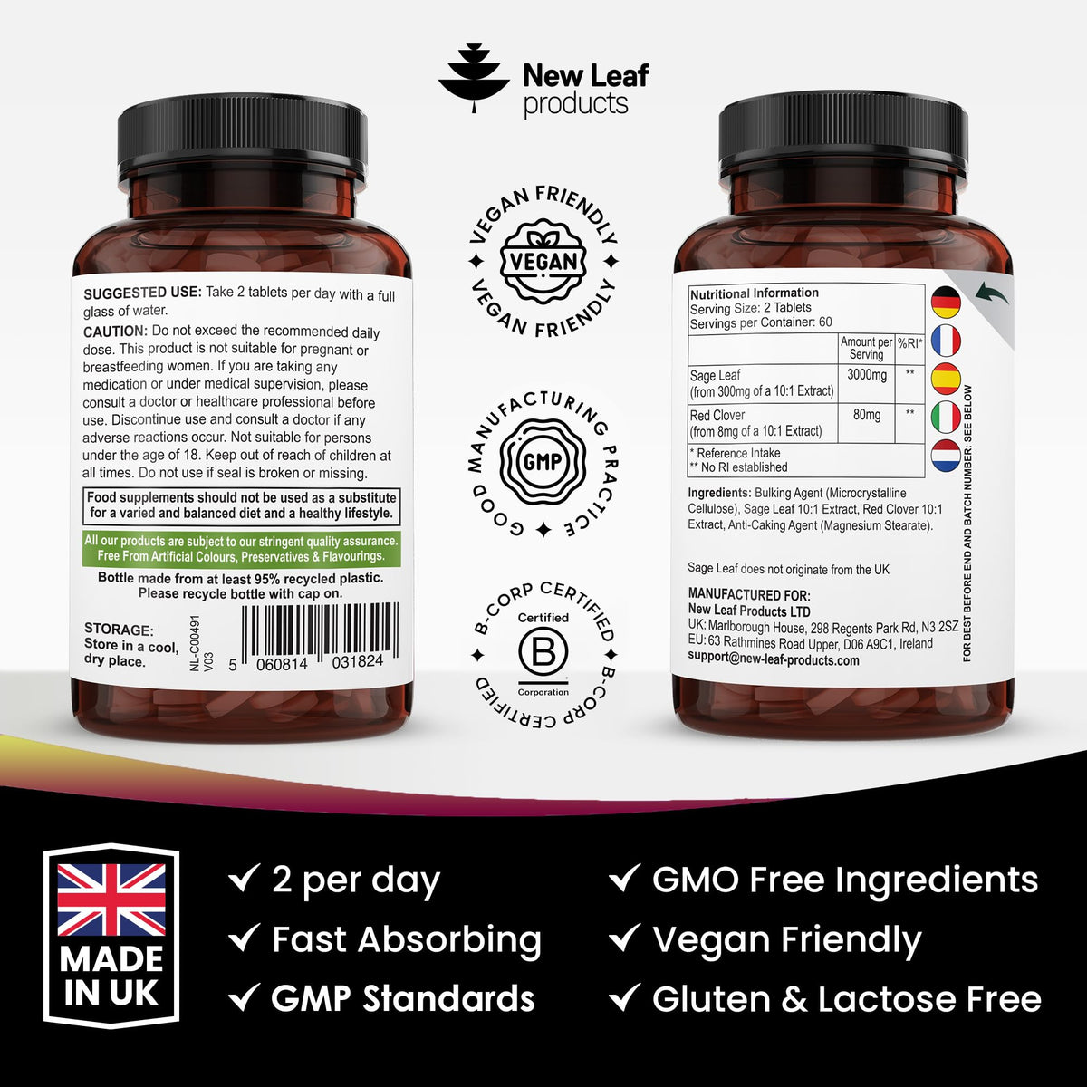 NEW LEAF PRODUCTS Sage Leaf & Red Clover Tablets for Menopause - 3000mg High Strength Perimenopause Supplements with Sage Leaf and Red Clover Menopause Supplements - Vegan Sage 120 Tablets Made in UK by New Leaf