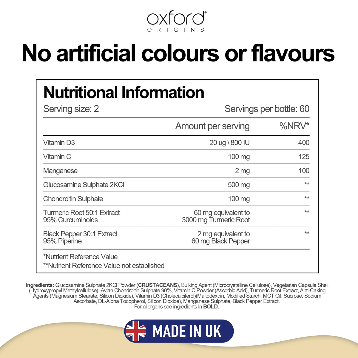 Oxford Origins 7-in-1 Turmeric and Black Pepper Capsules w/Glucosamine and Chondroitin High Strength | Made in the UK | High Absorption Tumeric Supplement | Glucosamine Sulphate & Turmeric Tablets | 120 Capsules