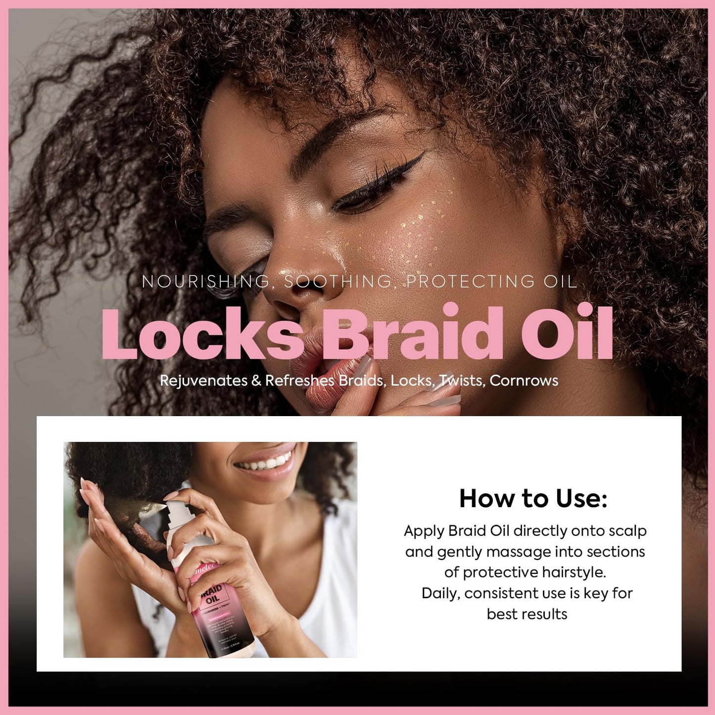 immetee Locks Braid Oil, Refreshes Dry & Itchy Scalp, Braid Oil for Braids, Locks, Twists, Cornrows, Promotes Stronger Edges & Adds Shine to Braids. 170ml/5.74fl oz