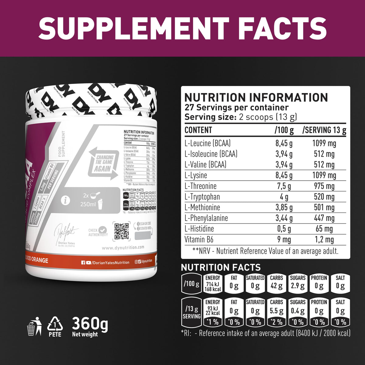 DY Nutrition HIT EAA Essential Amino Acids Complex with BCAAs, L-Lysine & Vitamin B6 | Muscle Repair & Recovery Supplement Intra Workout Powder, 27 Servings, 360g (Blood Orange)