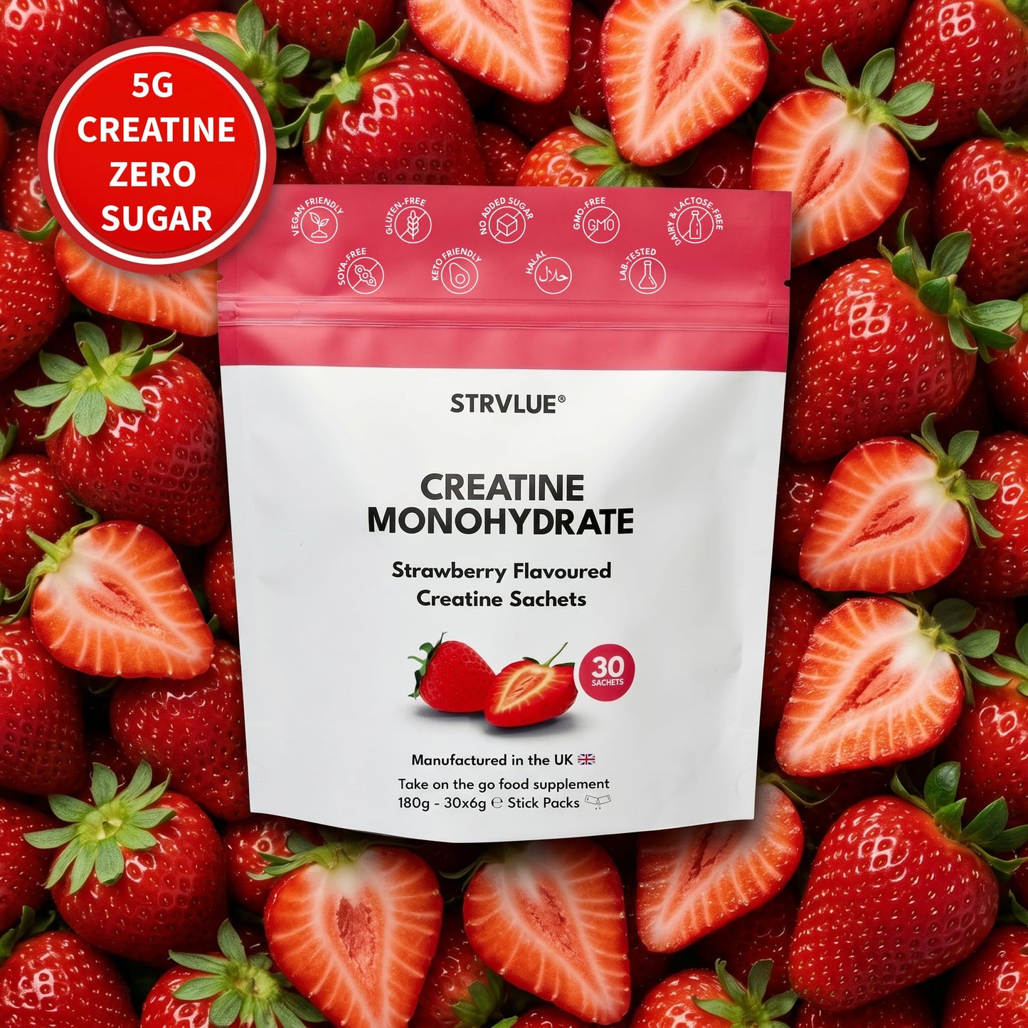 STRVLUE Lab Tested Creatine Monohydrate Powder | Strawberry Flavour | 30 Travel Sachets | Ultra‑Fine Micronised | Zero Sugar | Supports Muscle Growth, Strength, Recovery & Performance, Cognition,for Men&Women
