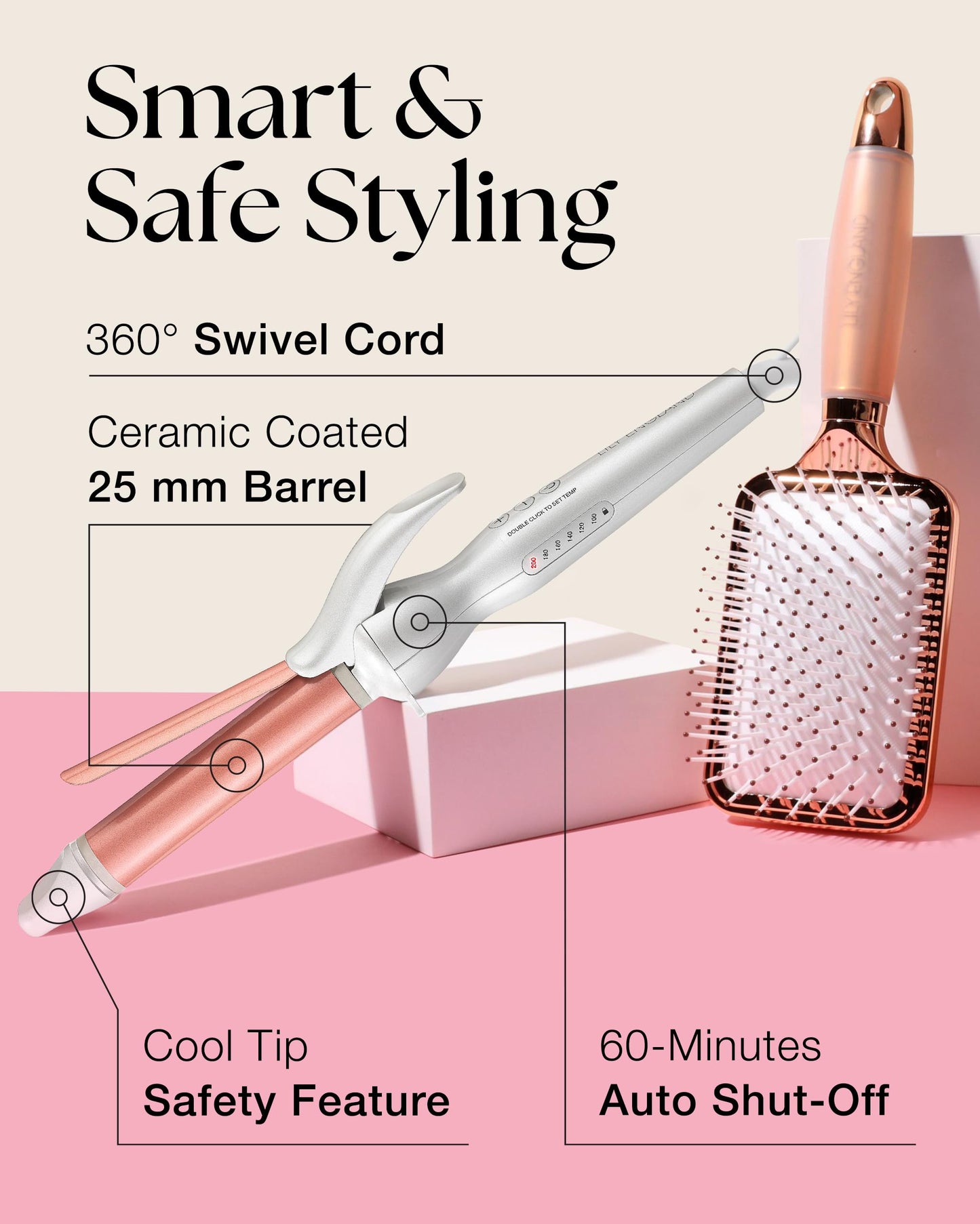 Lily England 25mm Curling Tongs for Short & Long Hair, Rose Gold