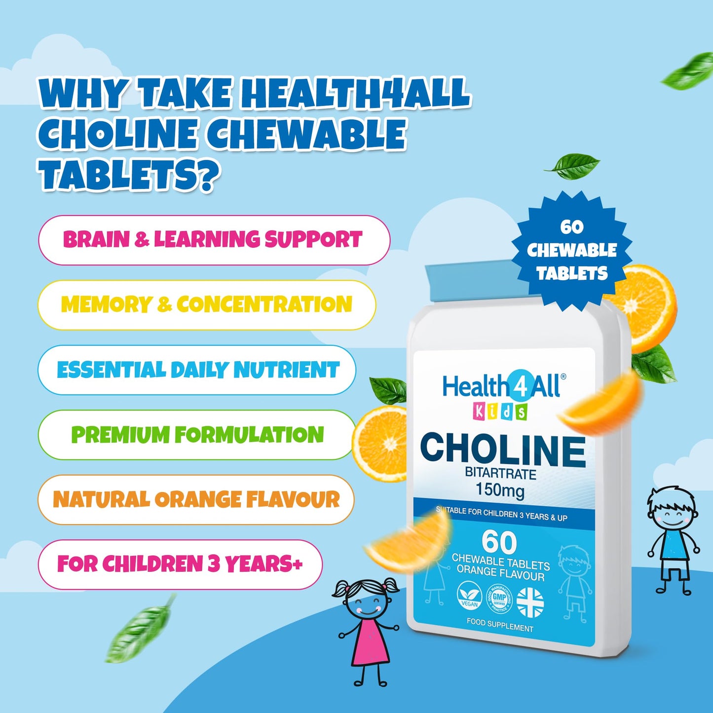 Health4All Kids Choline 150mg 60 Chewable Tablets for Children 3+, Supports Memory, Learning and Mood, Natural Vegan Orange Flavour, Sugar-Free | Made in UK (Not Gummies)