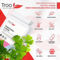 Troo Health Care Folic Acid 600µg 90 Capsules as Quatrefolic Methyl Folate 5-MTHF Supplement - 6S-5-Methyltetrahydrofolate - Superior Bioavailable Activated Folic Acid Supplement - UK Manufactured