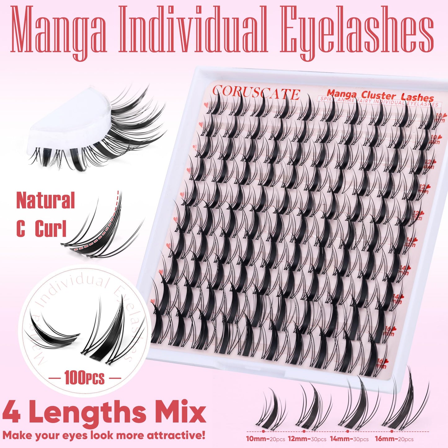 CORUSCATE Cluster Lashes Manga Individual Eyelashes Natural Look Lashes Individual Cluster Anime Spiky Eyelash Clusters 10-16mm DIY Wet Look Lash Extension Japanese Style Manhua Lashes Wispy