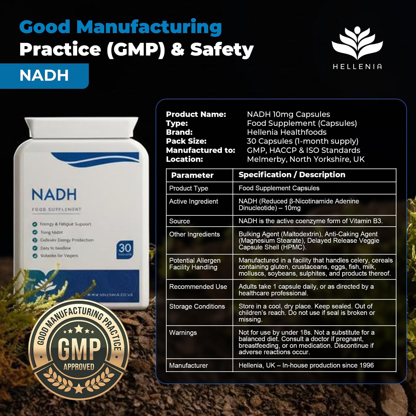 NADH 10mg | 30 Capsules | Energy Supplement | Energy Booster, NAD+ Supplement, Active Form of Vitamin B3 | Vegan Friendly - GMP Certified Product | Made in The UK by Hellenia