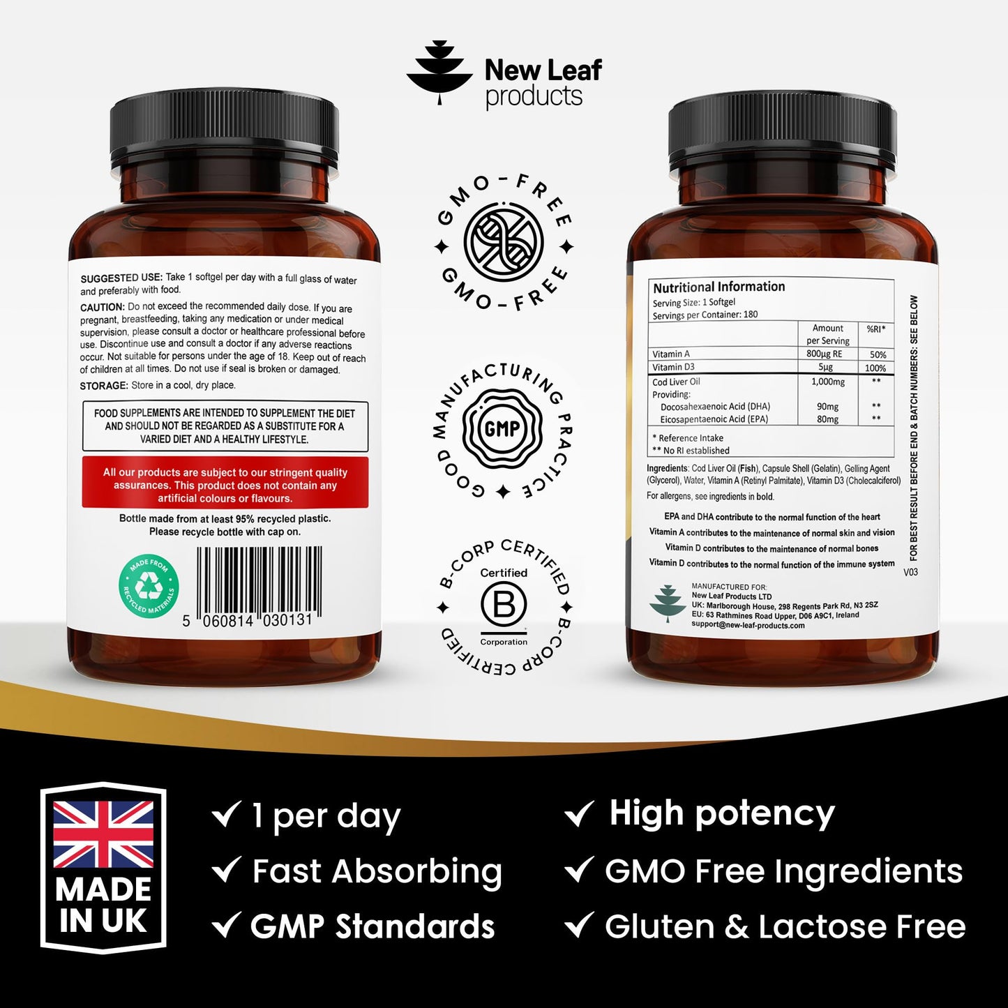 NEW LEAF PRODUCTS Cod Liver Oil Softgels 1000mg - 180 Cod Liver Soft gels High Strength Softgels- Cod Liver Oil Rich in Omega 3 EPA DHA Fatty Acids + Vitamins A & D, High Strength Fish Oil - UK Made, by New Leaf