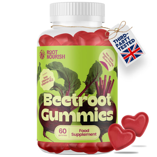 RootNourish Beetroot Gummies – High Strength Iron, Vitamin C, B12 & Folic Acid Supplement for Energy, Circulation, Tiredness & Immune Support – 60 Gummies