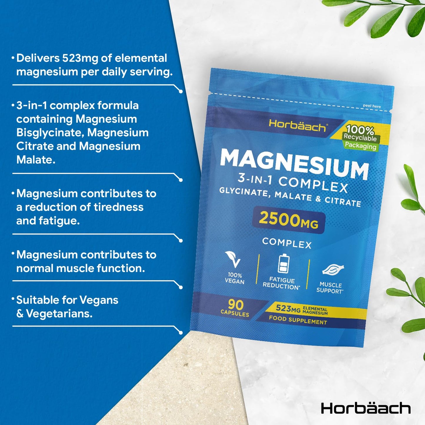 Magnesium Glycinate Supplements 2500mg | 3-in-1 Complex | 523mg Elemental Magnesium | Magnesium Bisglycinate, Malate & Citrate Triple Blend | 90 Vegan Capsules | by Horbaach