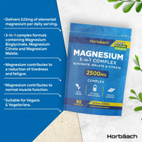 Magnesium Glycinate Supplements 2500mg | 3-in-1 Complex | 523mg Elemental Magnesium | Magnesium Bisglycinate, Malate & Citrate Triple Blend | 90 Vegan Capsules | by Horbaach