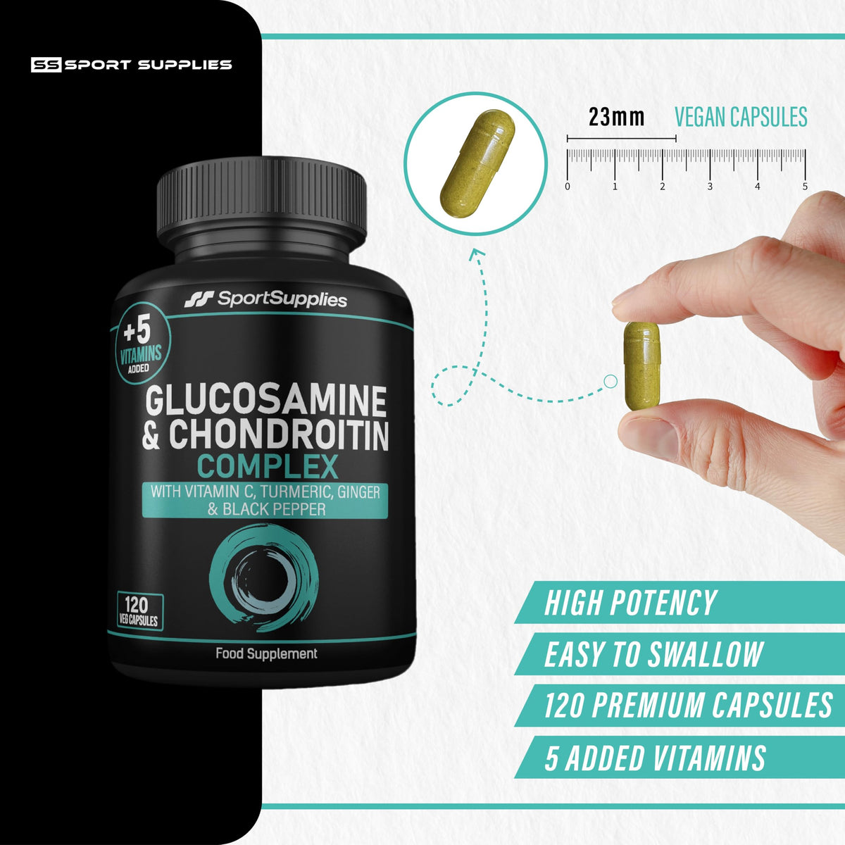 SS Sport Supplies Glucosamine and Chondroitin High Strength Plus 5 Vitamins - 120 Complex Capsules 1,000mg (Providing 530mg Base) - Chondroitin 200mg - Added Turmeric, Ginger, Black Pepper, Vitamin C, B6, B1, D3 & B12