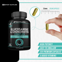 SS Sport Supplies Glucosamine and Chondroitin High Strength Plus 5 Vitamins - 120 Complex Capsules 1,000mg (Providing 530mg Base) - Chondroitin 200mg - Added Turmeric, Ginger, Black Pepper, Vitamin C, B6, B1, D3 & B12