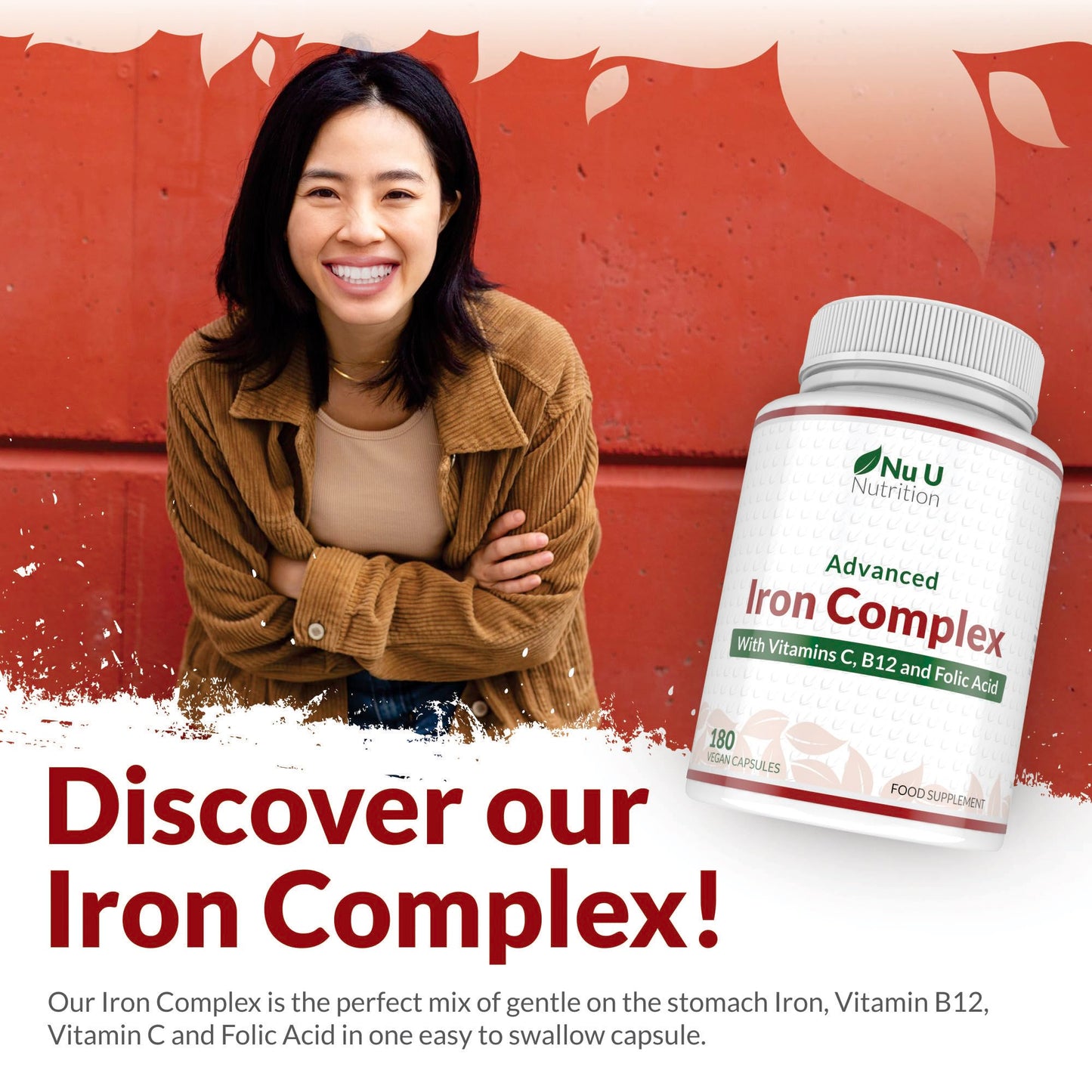 Gentle Iron Supplement for Women & Men - 180 High Strength Vegan Capsules - with Vitamin C, B12 & Folic Acid - 6 Month Supply - from Ferrous Fumarate - Made in The UK - Nu U Nutrition