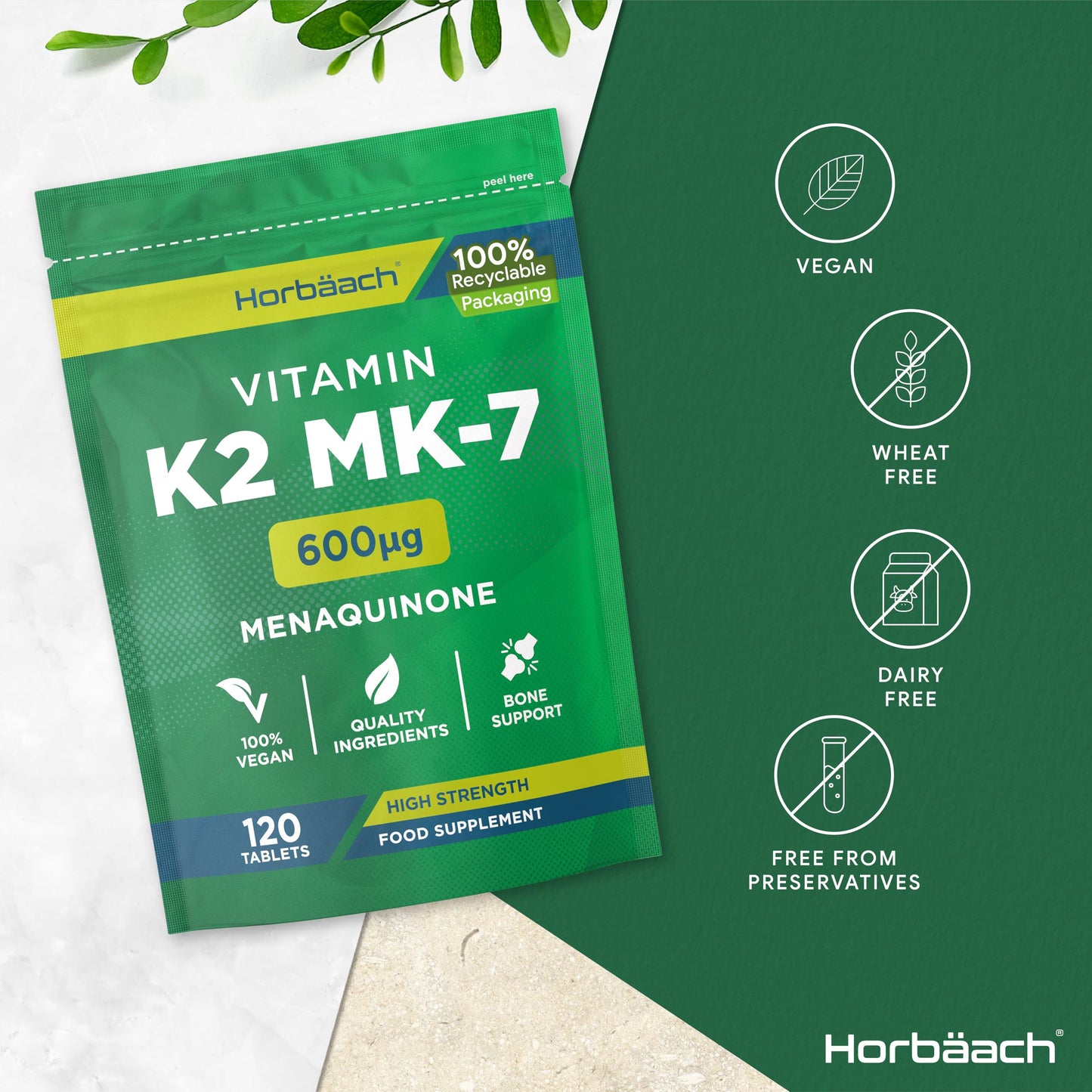 Vitamin K2 MK7 600mcg | 120 Tablets | High Strength Vitamin K2 Menaquinone MK-7 Supplement | Suitable for Vegans | Letterbox Friendly Packaging | by Horbaach