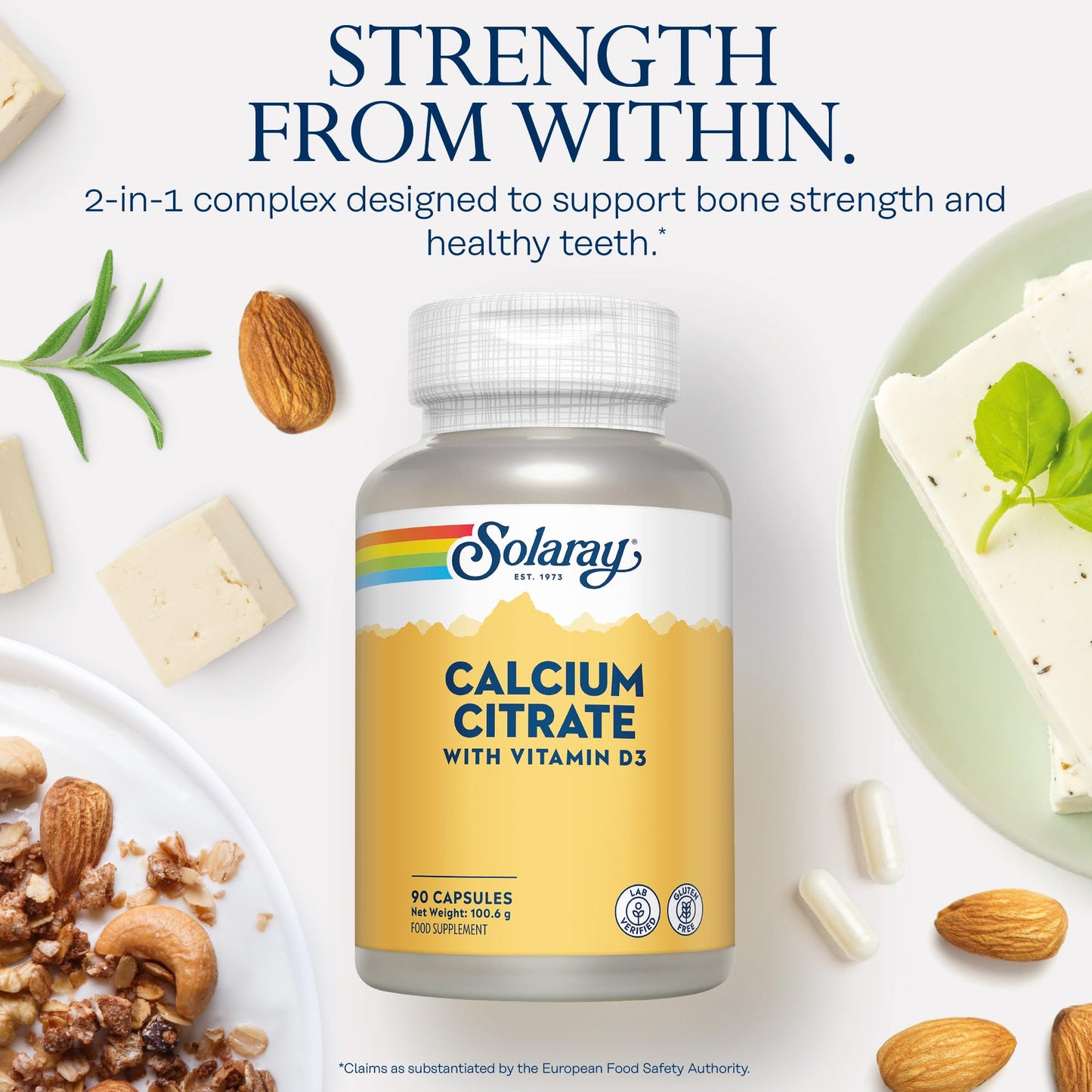 SOLARAY Calcium with Vitamin D3-90 Capsules - Vitamin D 400IU and Calcium Citrate 1000mg Supplement - Gentle Formula for Enhanced Absorption - Lab Verified - Solaray