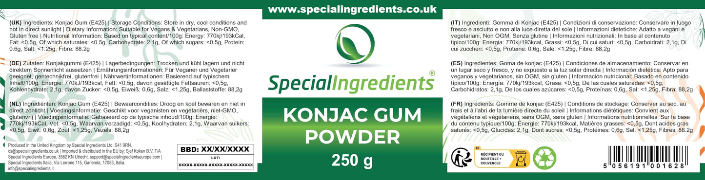 SPECIAL INGREDIENTS Konjac Gum Powder (Konjac Glucomannan) Premium Quality 250g - Vegan, Non-GMO, Gluten Free – Recyclable Container
