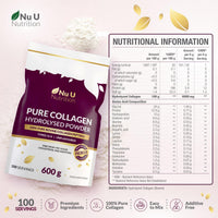 Collagen Powder 600g Large Pouch - 100 Servings - Premium Type I & II Bovine Collagen Peptides Hydrolysate Supplement Gold Edition - 3+ Month Supply - Unflavoured - Nu U Nutrition