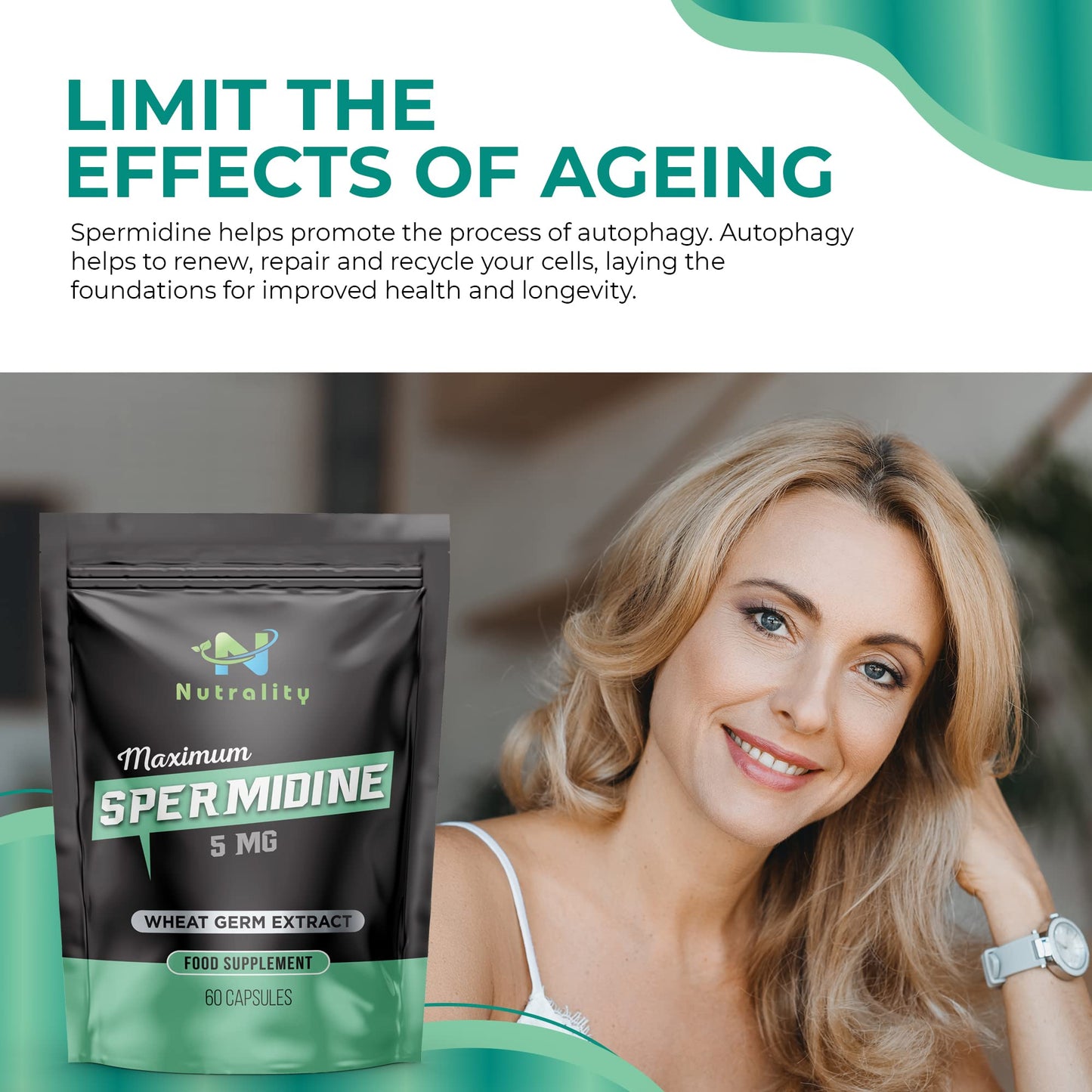 Nutrality Spermidine Supplement 5mg | For Men & Women | Wheat Germ Natural Supplement-Immune System & Cell Renewal-Longevity Support | Vegan | 60 Capsules