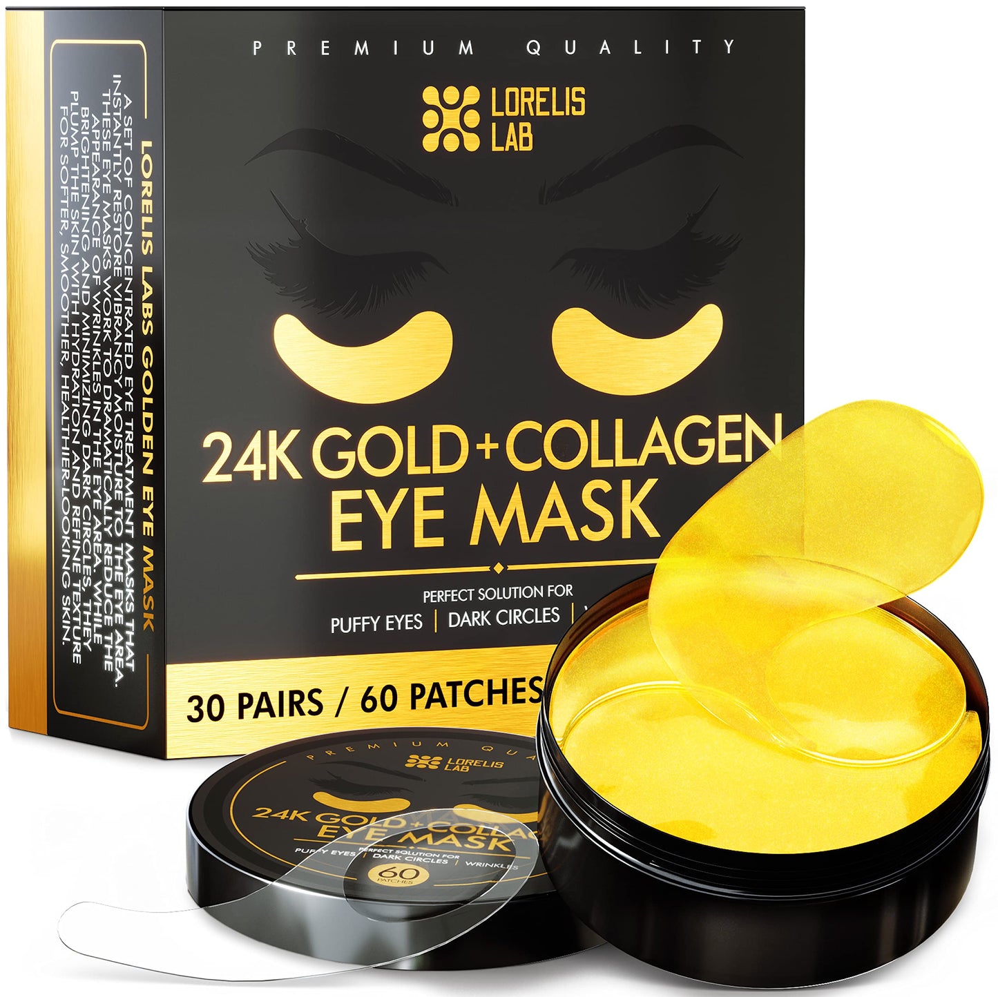 Lorelis Lab 24k Gold Eye Masks for Puffy Eyes and Dark Circles - Anti-Aging, Moisturizing Effect - Under Eye Patches with Collagen, Hyaluronic Acid for Eye Bags, Fine Lines, Wrinkles - Under Eye Masks, 30 Pairs