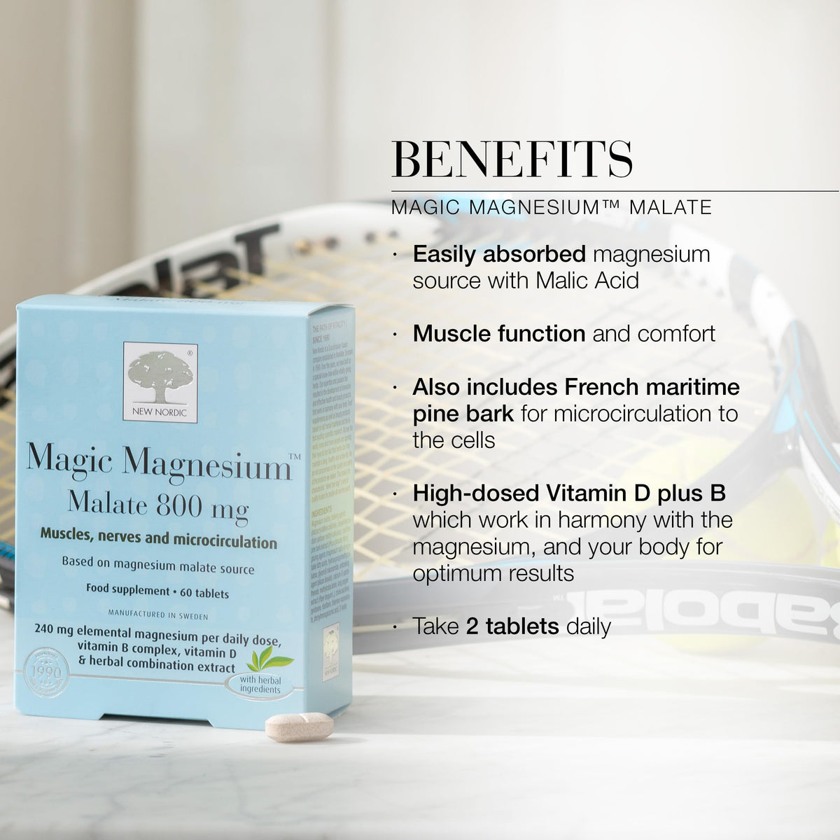New Nordic Ltd New Nordic Magic Magnesium Malate - 800 mg Extra Strength - Vitamin B Complex & Vitamin D - Muscle & Sleep Support for Women & Men - 60 Tablets