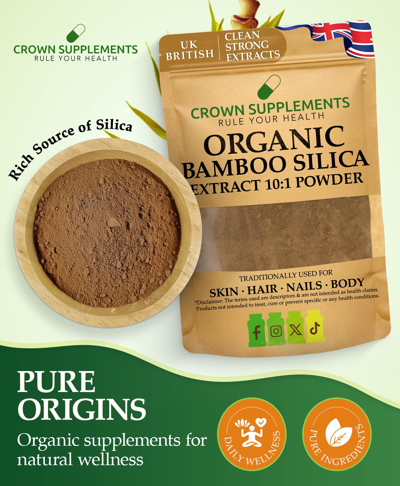 vegishake Organic Silica Extract 10:1| High Strength Naturally Sourced Silica Supplement | for Skin Health and Mobility | Vegan Capsules | from Bamboo Extract | UK Made (100G)
