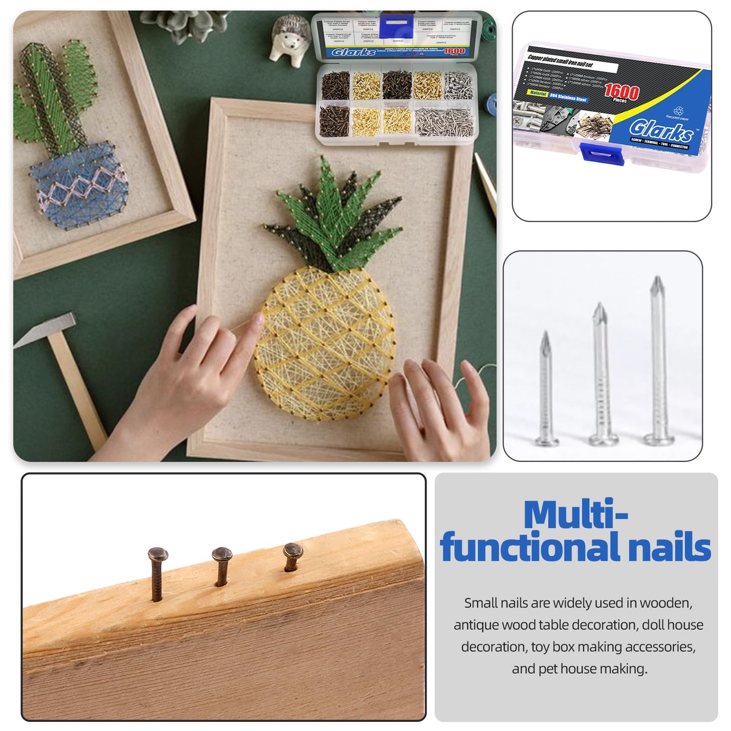 GLARKS Glarks 1600Pcs Small Tiny Nails Kit Wood Screw Nail Gold Silver Bronze 1x6mm, 1x8mm 1x10mm Mini Nails for DIY Hardware Accessories Fixed Installation