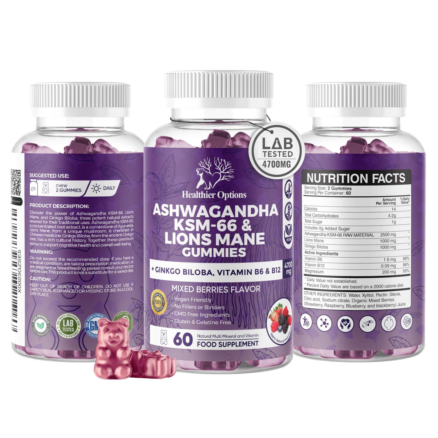 Healthier Options Ashwagandha KSM-66 and Lions Mane Gummies - High Strength 4700mg | All-in-One Gummies with Ginkgo Biloba, B6, B12 & Magnesium | Body, Mind & Cognitive Performance | Mixed Berries