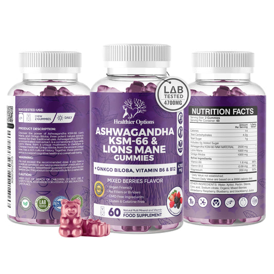 Healthier Options Ashwagandha KSM-66 and Lions Mane Gummies - High Strength 4700mg | All-in-One Gummies with Ginkgo Biloba, B6, B12 & Magnesium | Body, Mind & Cognitive Performance | Mixed Berries