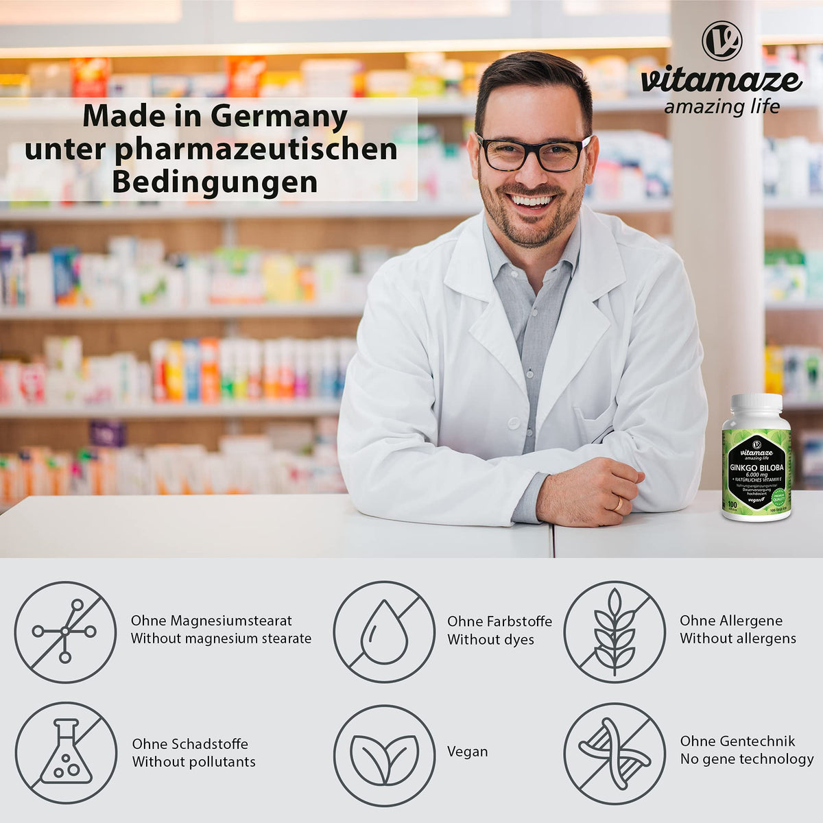 Vitamaze - amazing life Ginkgo Biloba Capsules 6000mg with Acai, L-Carnitine and Vitamin E - 100 Days Supply - Memory and Energy Booster - Gingko Biloba Extract 50:1 - Supplement Without Additives
