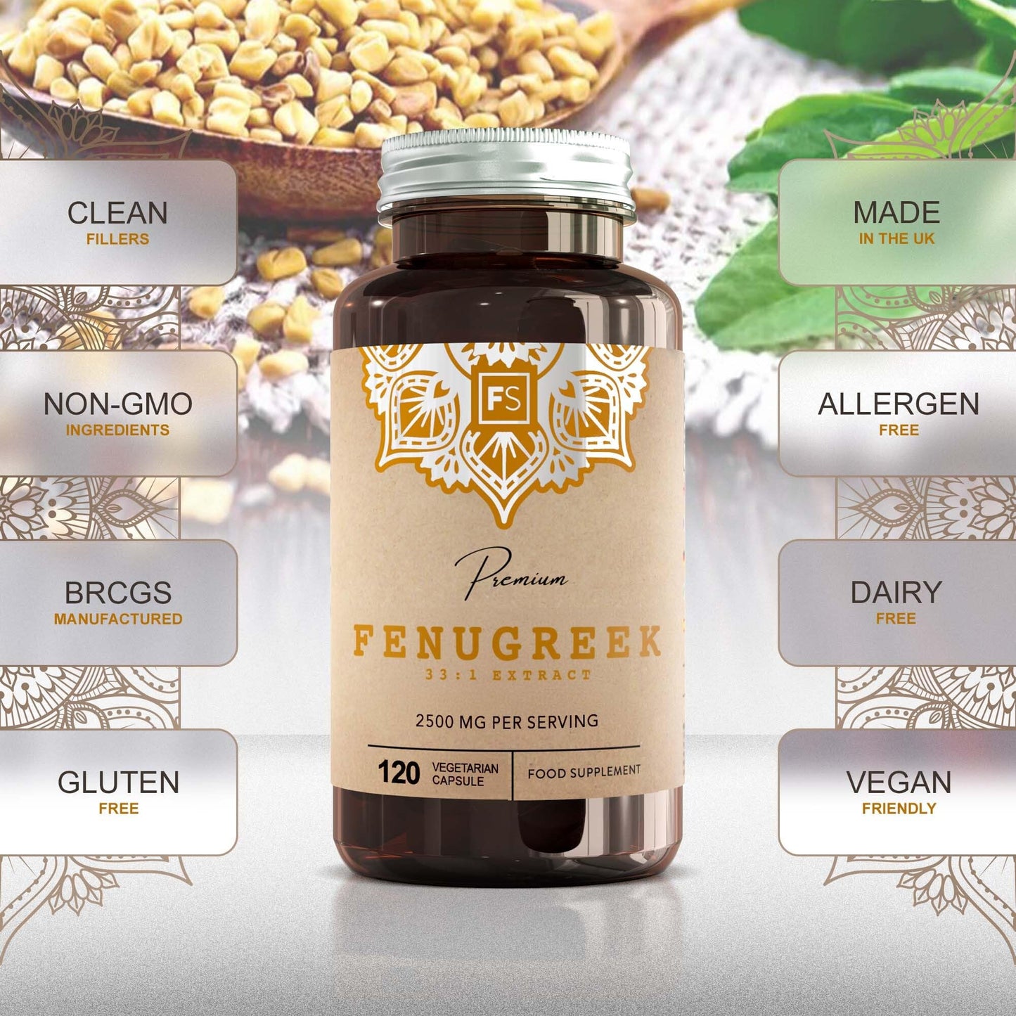 Focus FS Fenugreek | 120 High Strength Fenugreek Capsules - 2500mg (from 33:1 Extract) per Serving | Fenagreek Supplement | Non-GMO, Gluten & Allergen Free | Made in The UK