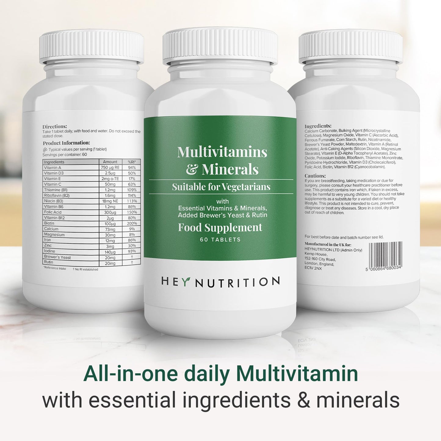 Hey Nutrition Advanced Multivitamins & Minerals - Essential Nutrients, Rutin, and Added Brewer's Yeast - Immune Boosting, Prevent Vitamin Deficiencies, & Energy Levels - Non-GMO, 60 Vegetarian Tablets