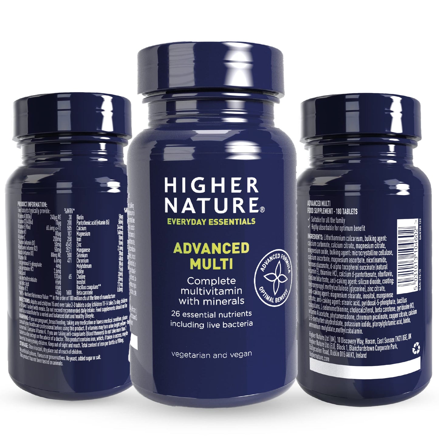 HIGHER NATURE Higher Nature - Advanced Multi - Multi Vitamins Supplements - 26 Essential Vitamins, Minerals & Live Bacteria - 180 Tablets