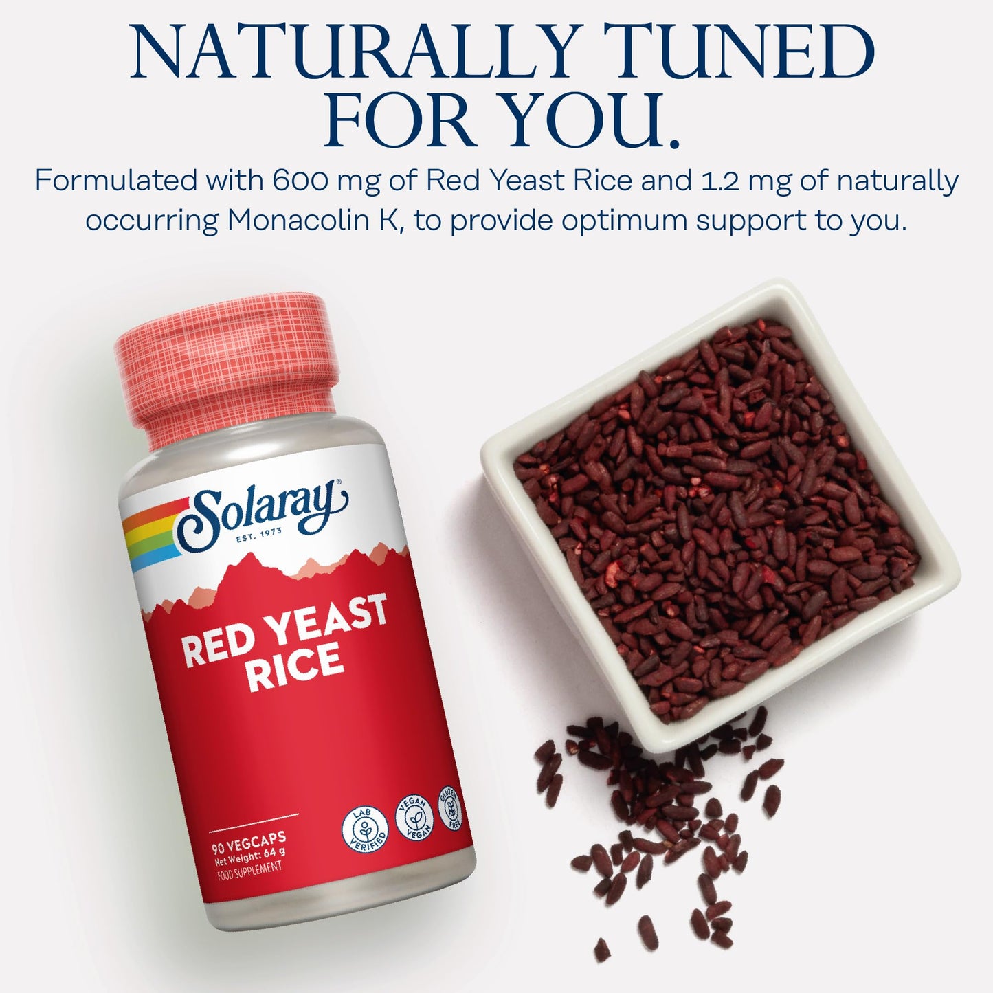 SOLARAY Red Yeast Rice - 90 Vegan Capsules - High Strength Supplement with Monacolin K - Lab Verified - Solaray