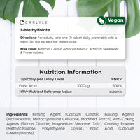 L Methlyfolate 1000ug | 120 Vegan Tablets (4 Months Supply) | Active Form of Folic Acid | 5-MTHF | No Artificial Preservatives | by Carlyle