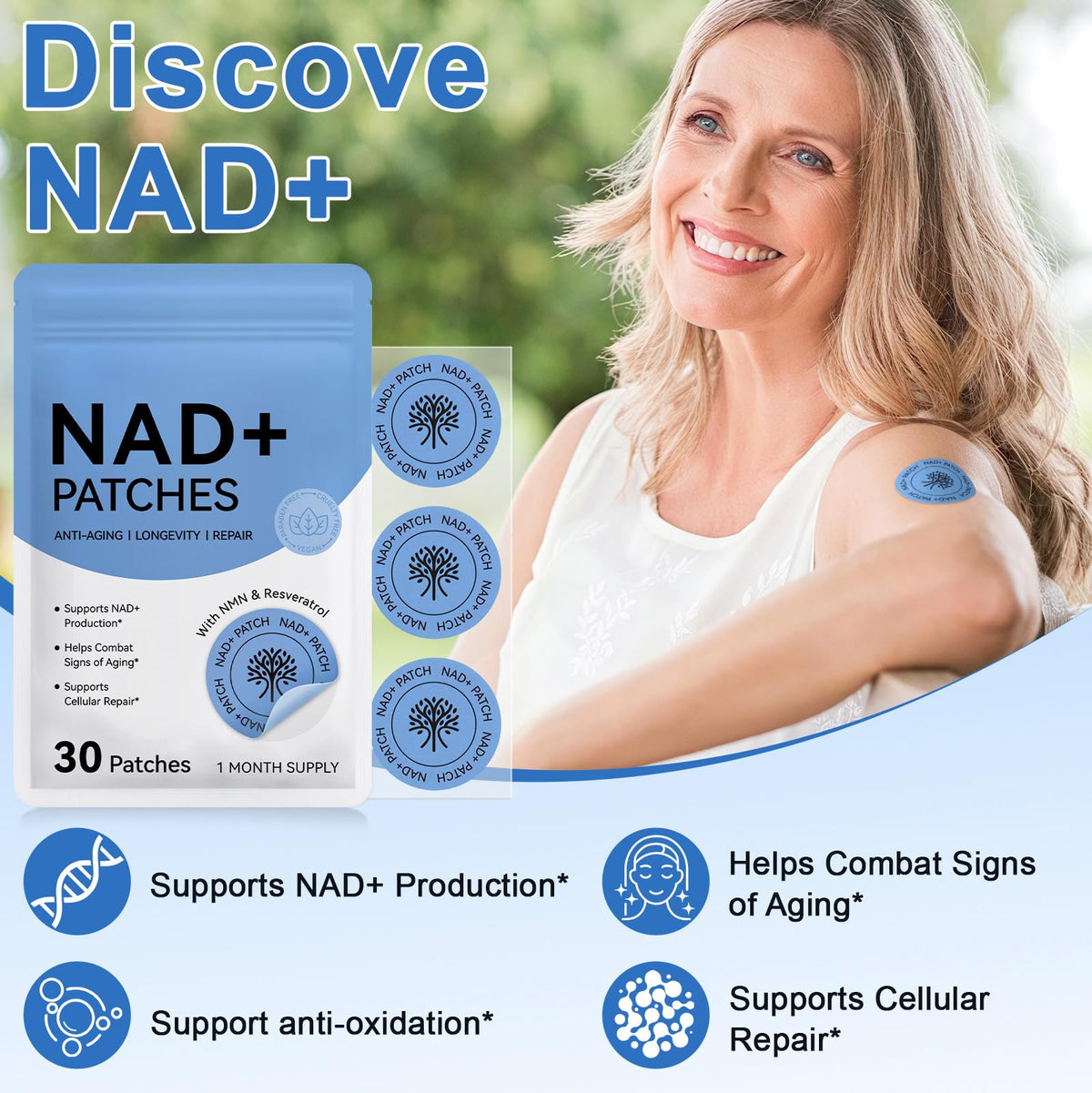 APCKFLEE NAD+ Patches for Women, NAD+ Patch for Anti-Aging and Wellness Support, Nicotinamide, Vitamin C, Premium 8-Hour Time-Release Formula, Vegan, 30 Count