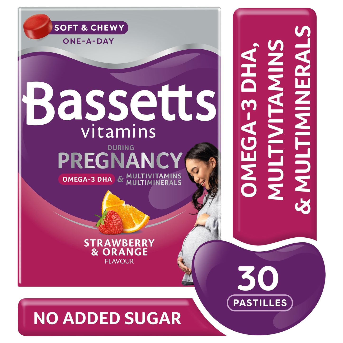 Bassetts Vitamins Pregnancy Omega-3 DHA, Multivitamins & Multiminerals Strawberry & Orange 30's No Added Sugar