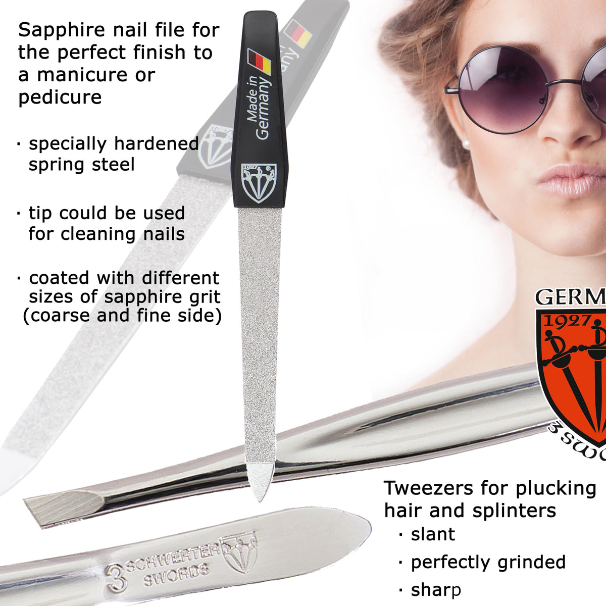 3 Swords Germany - manicure set with finger and toe nail clipper tweezers and nail file in brown synthetic leather case - brand quality