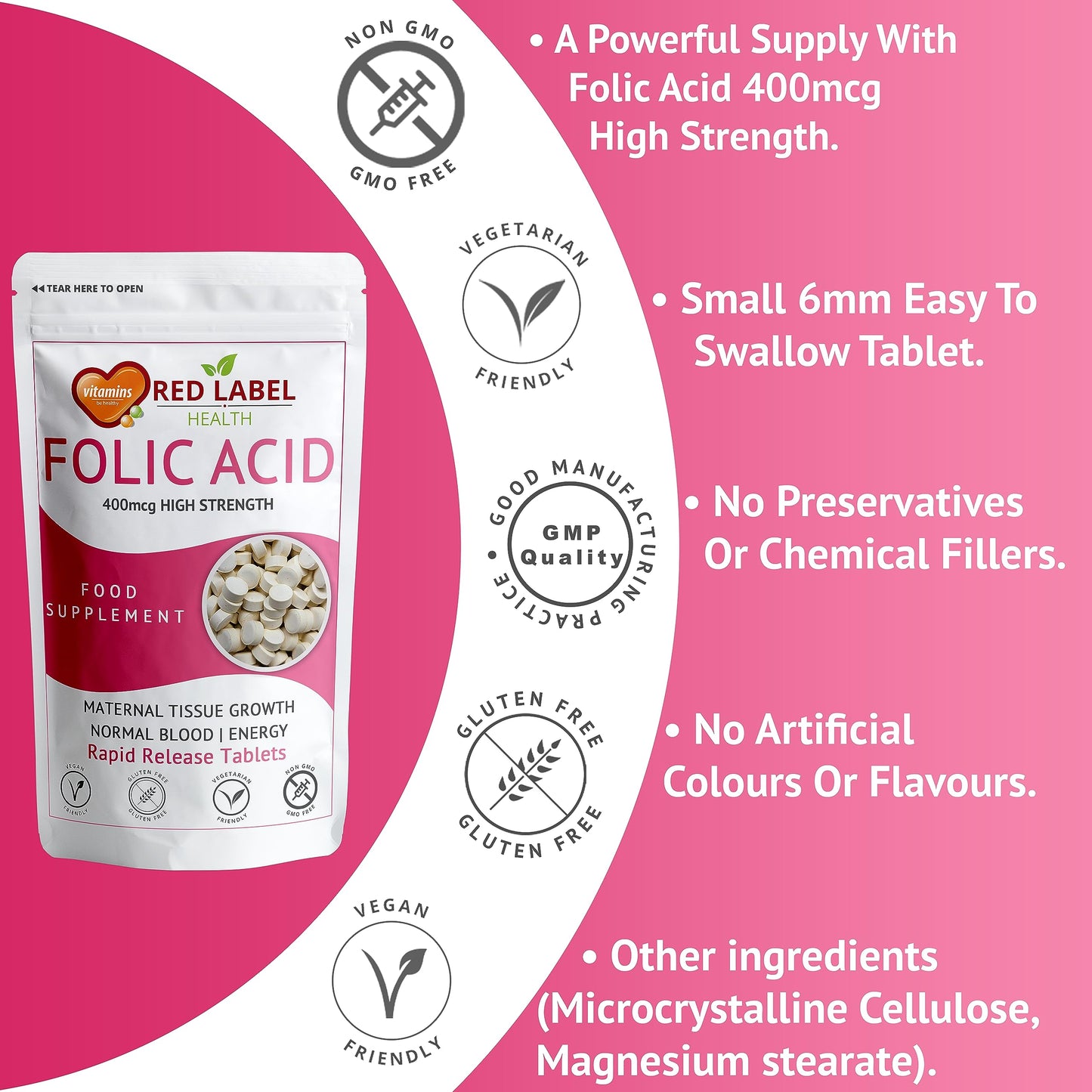 Red Label Health Folic Acid Pregnancy Tablets 400 mcg, 30 Vitamin B9 Tablets (1 Month Supply) High Strength Folate Fertility Supplement for Women, Vegan, Vegetarian, Made in The UK