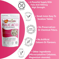 Red Label Health Folic Acid Pregnancy Tablets 400 mcg, 365 Vitamin B9 Tablets (1 Year Supply) High Strength Folate Fertility Supplement for Women, Vegan, Vegetarian, Made in The UK