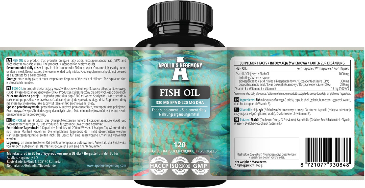 APOLLO'S HEGEMONY Fish Oil 1000mg - High Dose Omega 3 with 330mg EPA and 220mg DHA - 120 Softgel Capsules - 4 Months Supply - Unsaturated Fatty Acids (EFAs) - Supports Heart and Brain Health - by Apollo's Hegemony