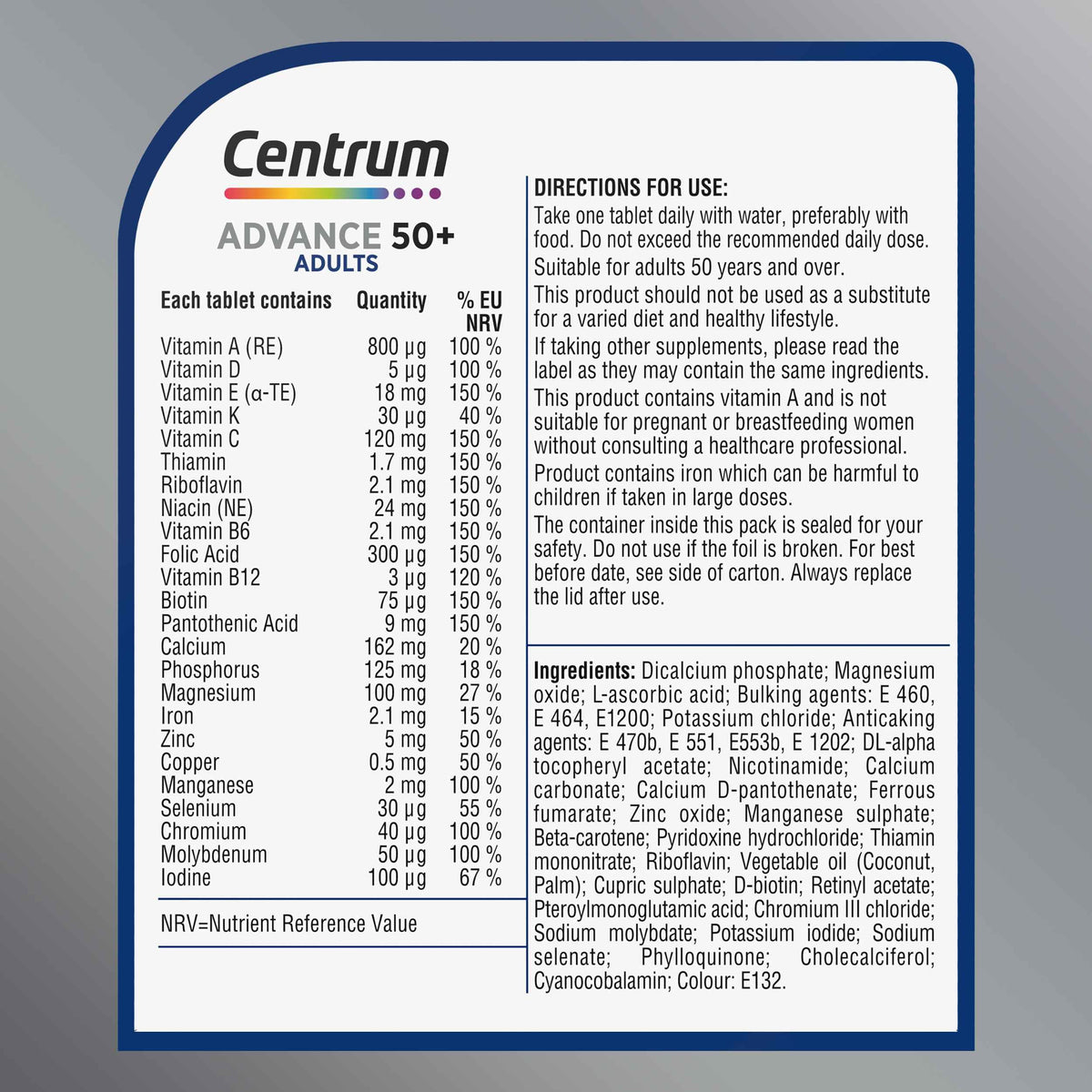 Centrum Advance 50+ Tablets Multivitamin & Mineral Supplements, with 24 essential nutrients, including vitamin D, C, Zinc, 60 ct