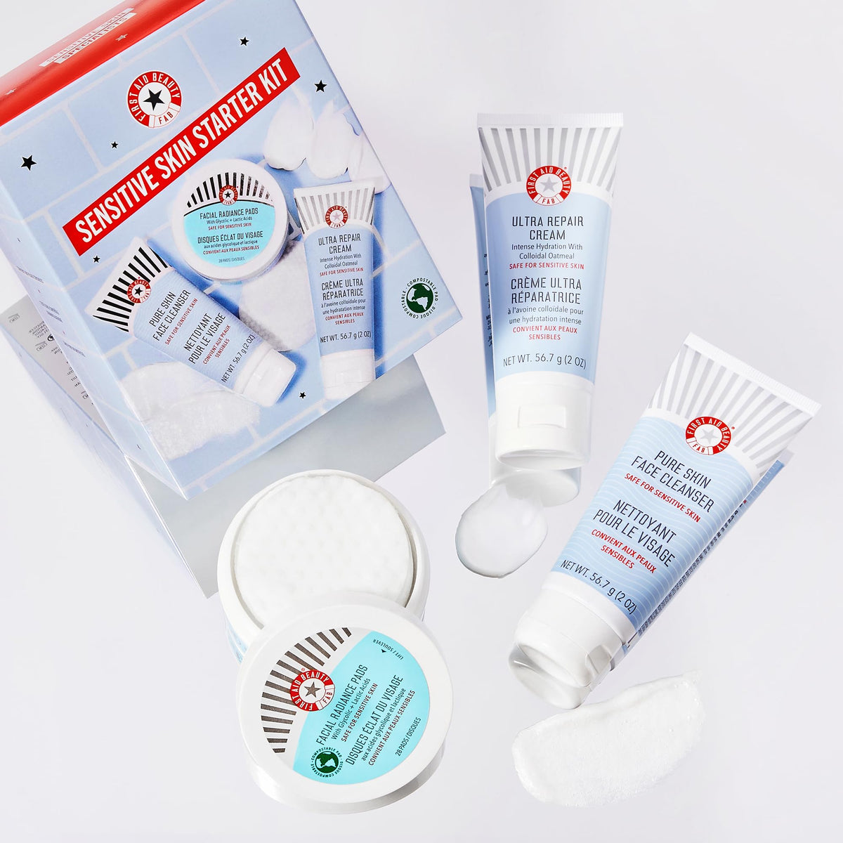 FIRST AID BEAUTY ﻿﻿First Aid Beauty Sensitive Skin Starter Set – 3 Safe for Sensitive Skin Products – Facial Radiance Exfoliating Pads, Pure Skin Face Cleanser + Ultra Repair Cream Moisturiser